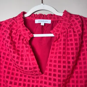 Sugarlips Gretna Organza Check Puff Sleeve Blouse Red M thumbnail 4