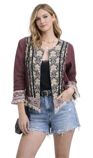Gimmicks by BKE Boho Embroidered Jacket Size S Burgundy Open Front thumbnail 1