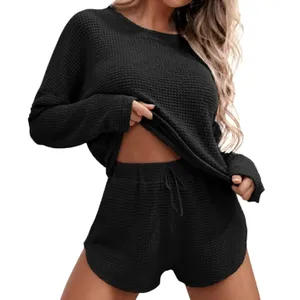 Fantaslook Womens Pajama Set Size L Black Waffle Knit Loungewear Top and Shorts thumbnail 4
