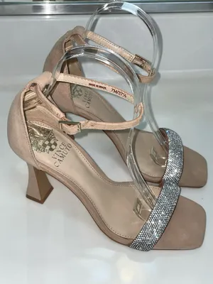 Vince Camuto Women’s Suede Leather Tan Rhinestone Embellished Square Toe Heels thumbnail 1