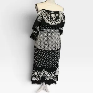 Anthropologie Black Embroidered Cotton Midi Dress Smocked Waist Pom Pom Trim 12 thumbnail 3