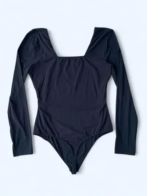 Quince Black Long-Sleeve Square Neck Bodysuit minimalist classic essentials L thumbnail 4