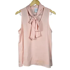 L'Academie Los Angeles Pink Sleeveless Tie Neck Blouse Top Medium M Button Front thumbnail 3