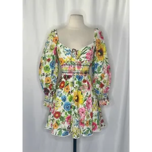 ALICE + OLIVIA Crawford Sweetheart Mini Dress Floral Puff Sleeves Lace Up Size 0 thumbnail 2