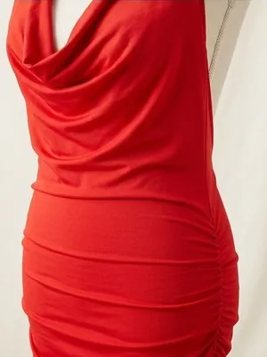 Red Halter Cowl-Neck Backless Lace-Strip Dress thumbnail 1