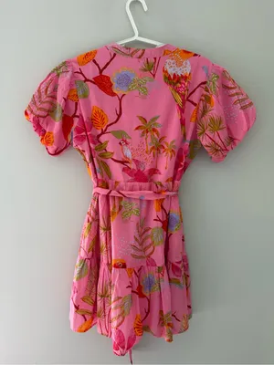 NWT J. Marie Pink Tropical Bird Print Puff Sleeve Mini Dress XS thumbnail 6