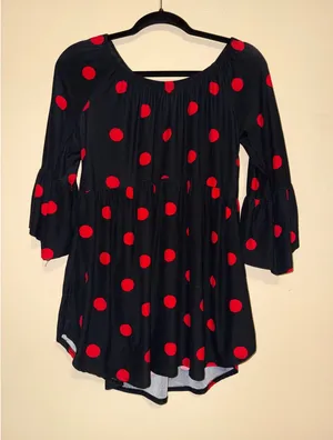 Women Black Red Polka Dot Pinup Babydoll M Top Bell‎ Sleeve Whimsygoth Indie thumbnail 1