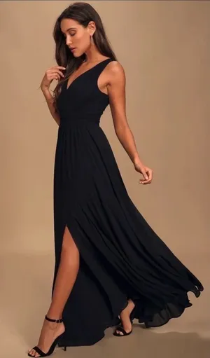 Lulu's Elegant Black V-Neck Maxi Dress with Front Slit thumbnail 1