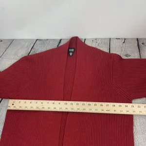 Eileen Fisher Open Front Ribbed Cardigan Sweater 100% Merino Wool Deep Red Med thumbnail 12