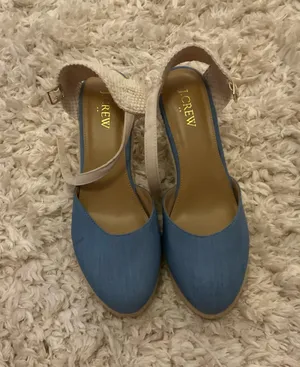 Blue Tan Cream Knit Wedge J.Crew Woven Espadrille Platform Sandal Heels thumbnail 1
