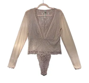Intimately Free People Lace Swiss Dot Long Sleeve Bodysuit Mauve Pink Large thumbnail 1