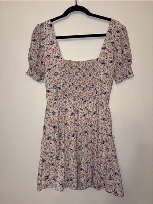 Altar'd State Purple Floral Smocked Mini Dress Tiered Puff Sleeve Medium thumbnail 2