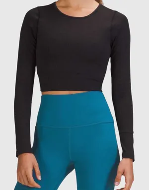 Lululemon Womens Ebb to Street Long Sleeve Shirt Ribbed Cropped Top‎ Black Sz 12 thumbnail 1