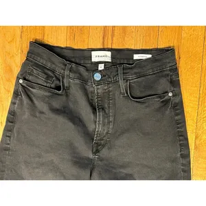 FRAME denim women’s jeans black washed frayed hem high rise Ali wide crop Sz 30 thumbnail 5
