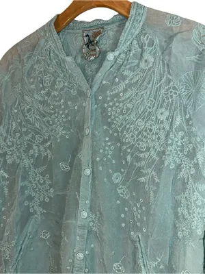 Johnny Was Women’s Size M Light Marine Blue Embroidered Drawstring Bomber Jacket thumbnail 7