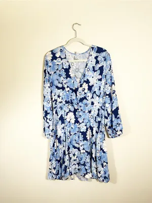 NWOT Old Navy Blue Floral Long Sleeve Defined Waist Faux Wrap Mini Dress Large thumbnail 3