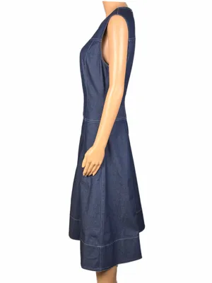 DONNA KARAN New York Denim Paneled A-Line Midi Dress POCKETS Size 10 thumbnail 5
