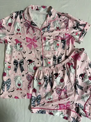 Pink Halloween Ghost Bow Pajama Set Short Sleeve Button Down Shorts Womens Large thumbnail 1