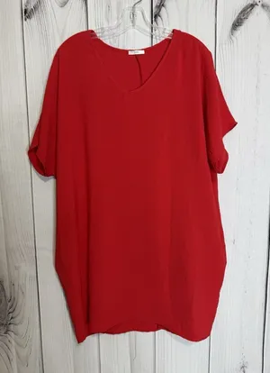 Jodifl Womens Sz M Red V-Neck Short Sleeve Blouse Top Oversized thumbnail 1