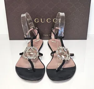Gucci Black Suede Crystal Interlocking G T-Strap Flat Sandals Glam Size 37.5 thumbnail 1