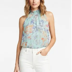 Alice + Olivia Annmarie Floral Smocked High Neck Tank Top Blue Multi Size S thumbnail 13