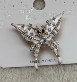 Mint White and Gold Butterfly Brooch with Clear Rhinestones thumbnail 1