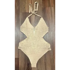 Lulus Beige Crochet Cutout Bodysuit One Piece Swim Coverup Festival Boho Medium thumbnail 5