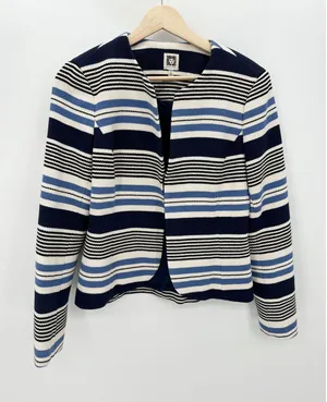 Anne Klein Tweed Jacket Women 4 Blue Black‎ Striped Open Front Tulip Hem Blazer thumbnail 1