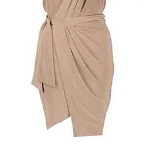 Boohoo Asia Slinky Wrap Tie Detail Bodycon Dress in Sand Size 6 thumbnail 3