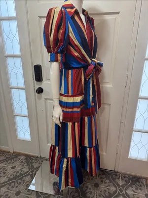 Farm Rio Stripped Multicolor Winter Stripes Short Sleeve Midi Dress Sz Medium thumbnail 8