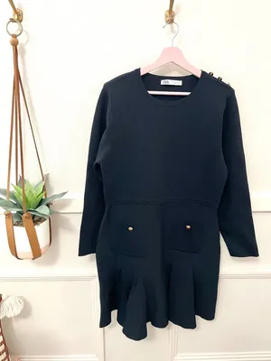 Zara Pleated Knit Dress With Gold Button Navy Blue Long Sleeve XL Quiet Luxury thumbnail 3