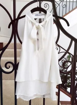 Zara Flowy Tank Top Blouse White Small Tie Neck Ribbon thumbnail 1