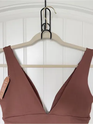 Reoria Medium Mocha Brown Plunge‎ Neckine Minimalist Bodysuit Capsule Wardrobe thumbnail 4