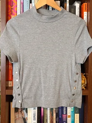 We The Free Free People Heather Gray Mock Neck Short-Sleeve Top w/Statement Side Buttons EUC thumbnail 8