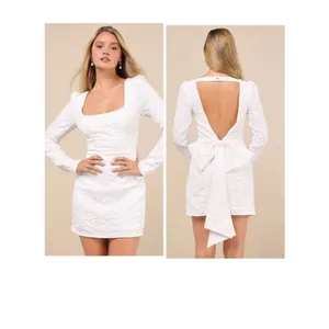 Lulus Elevated Icon White Jacquard Long Sleeve Bow Mini Dress Size Medium Bridal thumbnail 2