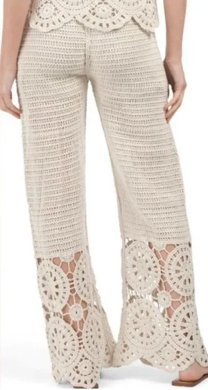 Solitaire X Anthropologie Crochet Wide Leg Pants Cream Ivory Boho Bohemian thumbnail 1