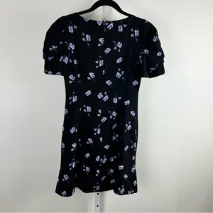 Club Monaco Floral Puff‎ Sleeve V-Neck Mini Dress Black Blue Size 2 thumbnail 3
