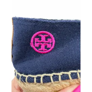Tory Burch Colorblock Pink Navy Canvas Espadrille Flats Jute Double T Logo Sz 9 thumbnail 9