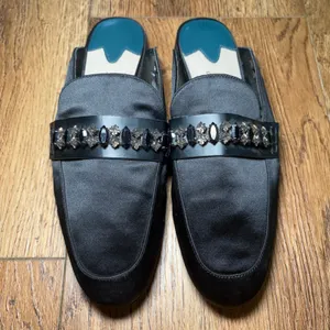 Libby Edelman Piper Black Satin Jeweled Mules Pointed Toe Flats‎ Size 9M thumbnail 4