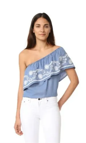 NEW Rebecca Minkoff One Shoulder Embroidered Blue Chambray Top Boho Summer thumbnail 1