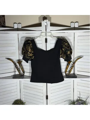 Vintage Y2K black gold brocade top puffed cocktail elegant whimsigoth glam M thumbnail 2