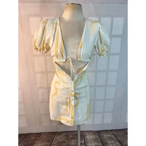 Sabo Skirt White Linen Cotton Button Down Puffed Sleeve Mini Dress Size XS thumbnail 3
