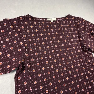 Loft Women Burgundy Floral Medallion Puff Sleeve Textured Blouse Size L thumbnail 2