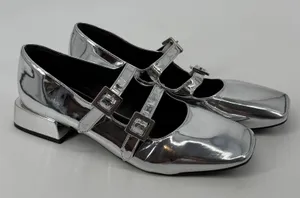 GB Silver‎ Metallic Double Strap Mary Jane Square Toe Block Heel Shoes Size 11 thumbnail 1