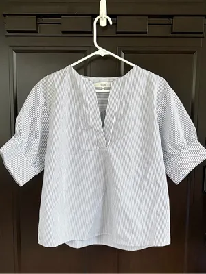 Like New FRAME Striped V Neck Puff Sleeve Organic Cotton Top Medium Retail $298 thumbnail 6