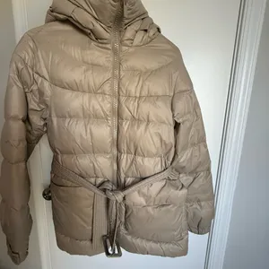 Women’s light brown beige puffer jacket with belt size small thumbnail 5