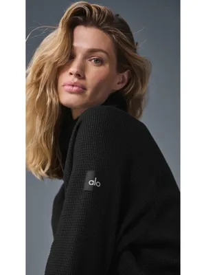 Alo Waffle Weekend Escape Mock Neck Long Sleeve Black Turtleneck Thermal Sweater thumbnail 3