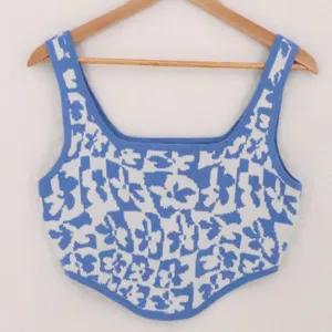 American Eagle Floral Knit Corset Tank Top Womens Size L Blue White Knit Cropped thumbnail 1