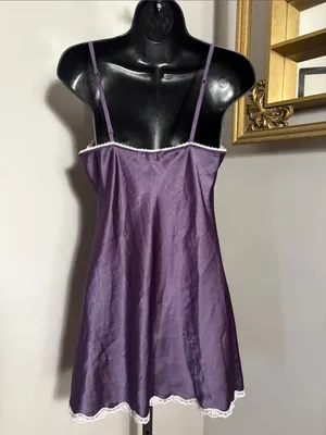 Victoria's Secret VINTAGE Medium Purple Satin Slip Dress with White Lace Trim thumbnail 3