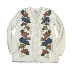 Vintage Cream Floral Embroidered Cardigan Sweater Cottagecore Forrest Fairy thumbnail 1
